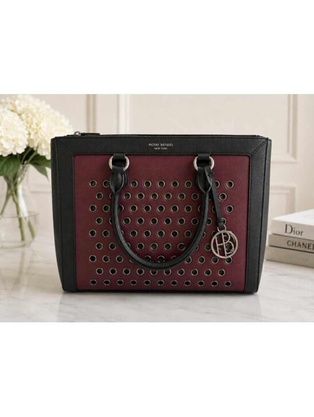 RARE Henri Bendel Rivington Grommet Convertible Satchel – Plum & Black Leather